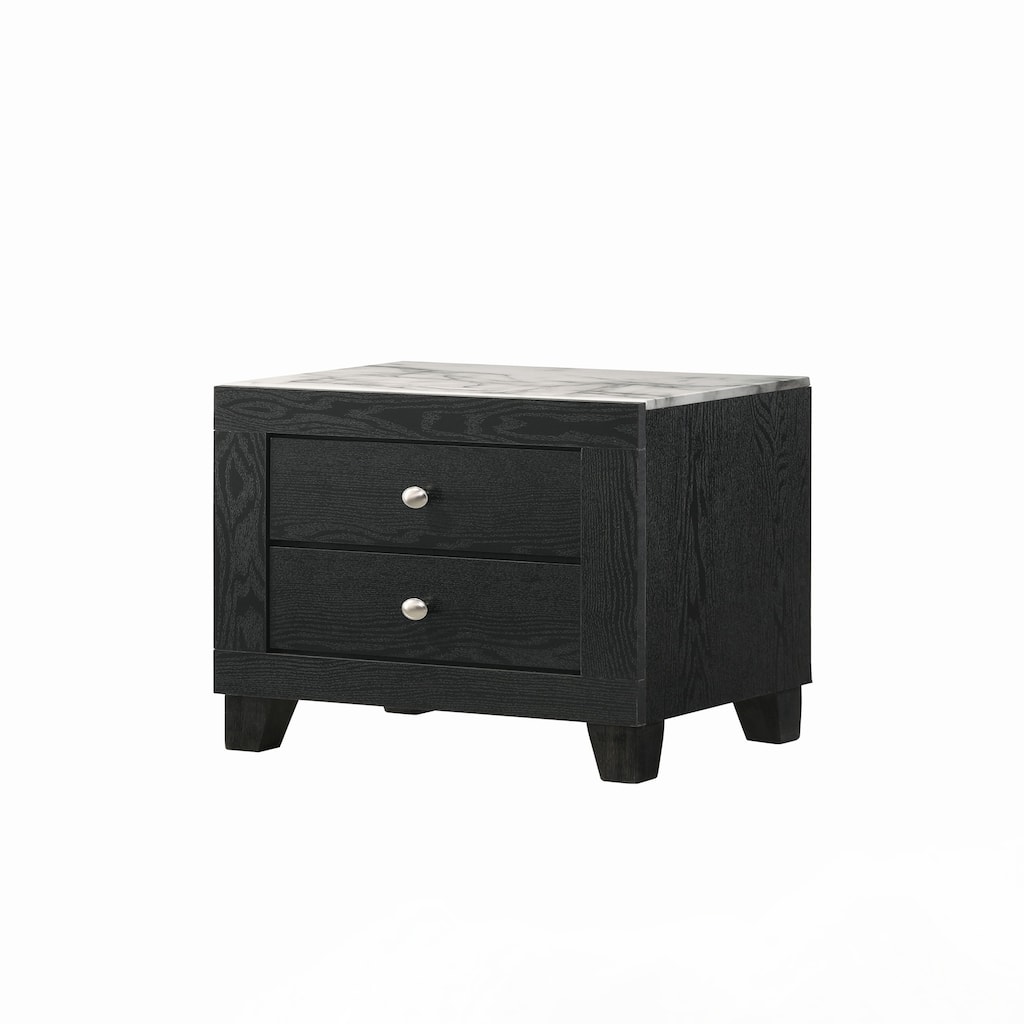 1pc Modern White Faux Marble Top 2 Drawers Nightstand Black Finish