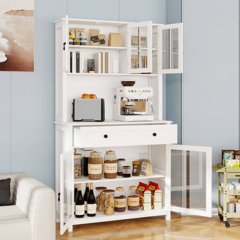 Kitchen Pantry Cabinet with 1 Large Drawer, Buffet Cabinet with Microwave Oven Countertop, Cabinet with Adjustable Shelves