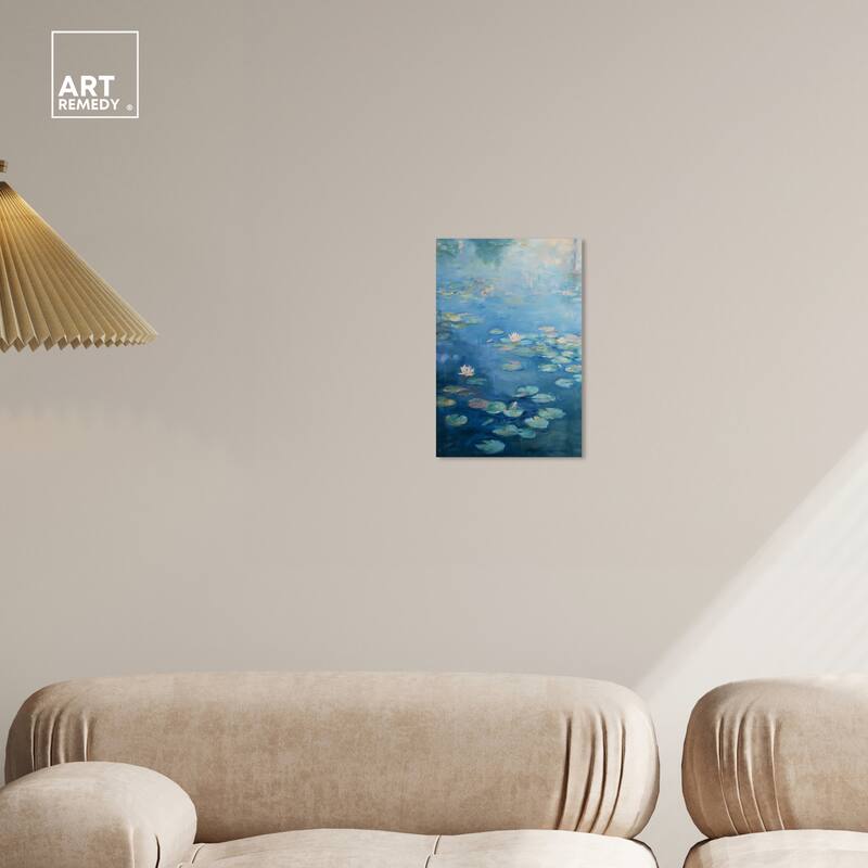 Art Remedy Lilypads In Blues Gallery Wrapped Impressionism 1 Piece Canvas Wall Art /Monet And Van Gogh Inspired Art