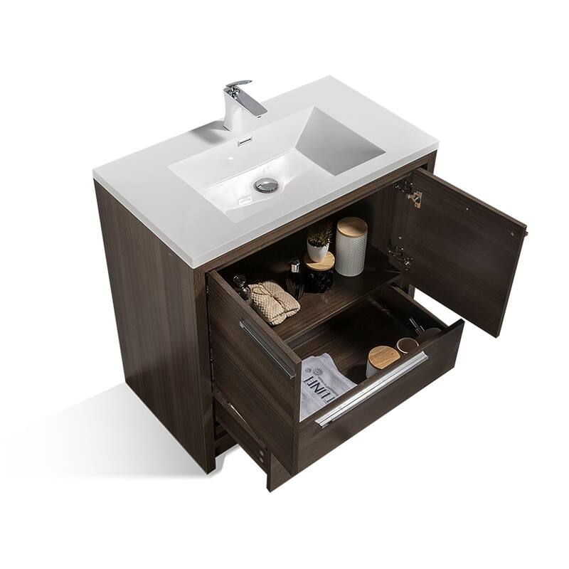 Freestanding Bathroom Vanity Set in Grey Oak with Integrated Solid Surface Sink