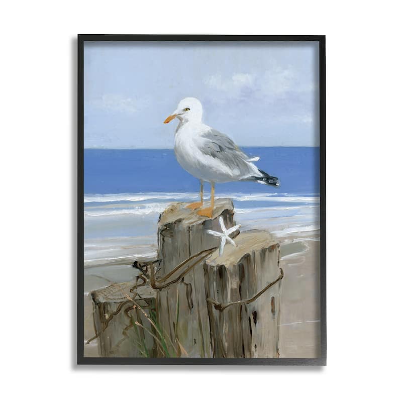 Stupell Summer Seagull and Starfish Nautical Beach Post Framed Wall Art - Blue