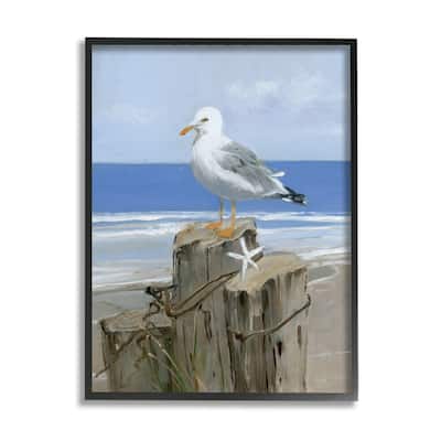 Stupell Summer Seagull and Starfish Nautical Beach Post Framed Wall Art - Blue