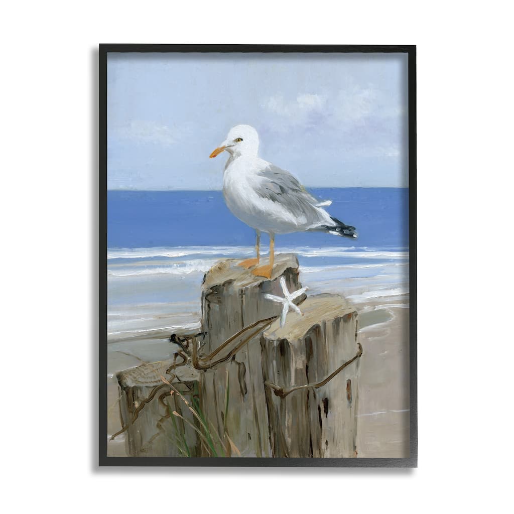 Stupell Summer Seagull and Starfish Nautical Beach Post Framed Wall Art - Blue