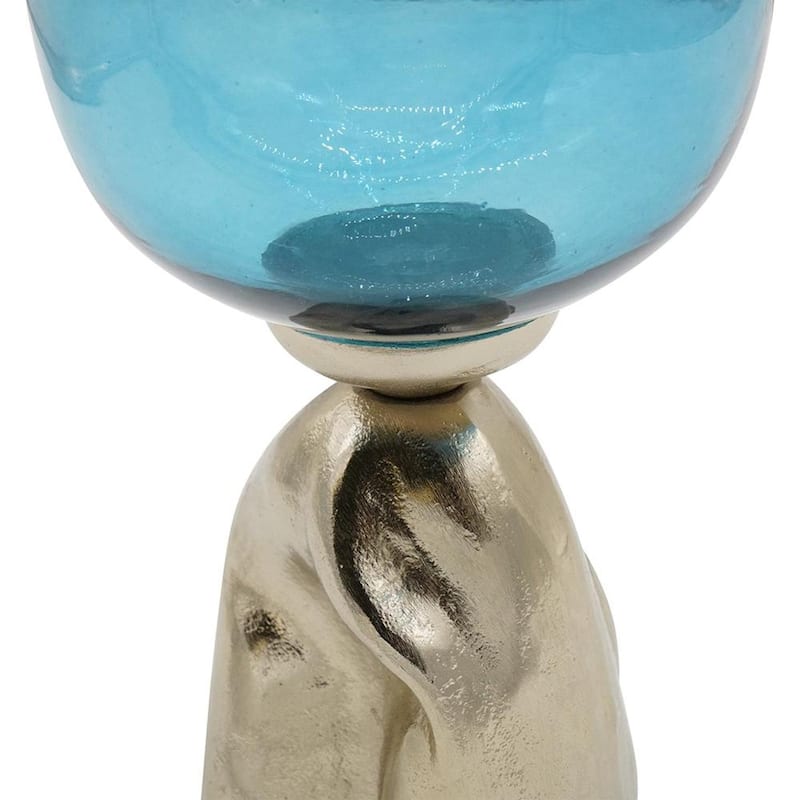 21" Blue White And Gold Ombre Glass And Aluminum Pedestal Table Vase - 8.00