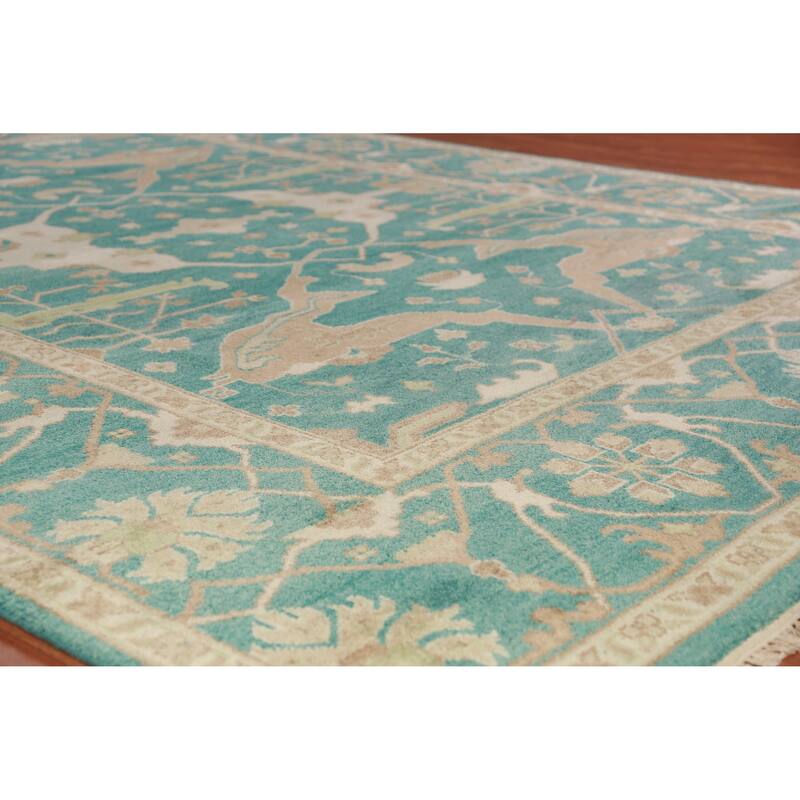 All-Over Green Oushak Indian Area Rug Floral Handmade Wool Carpet - 9'1" x 11'9"