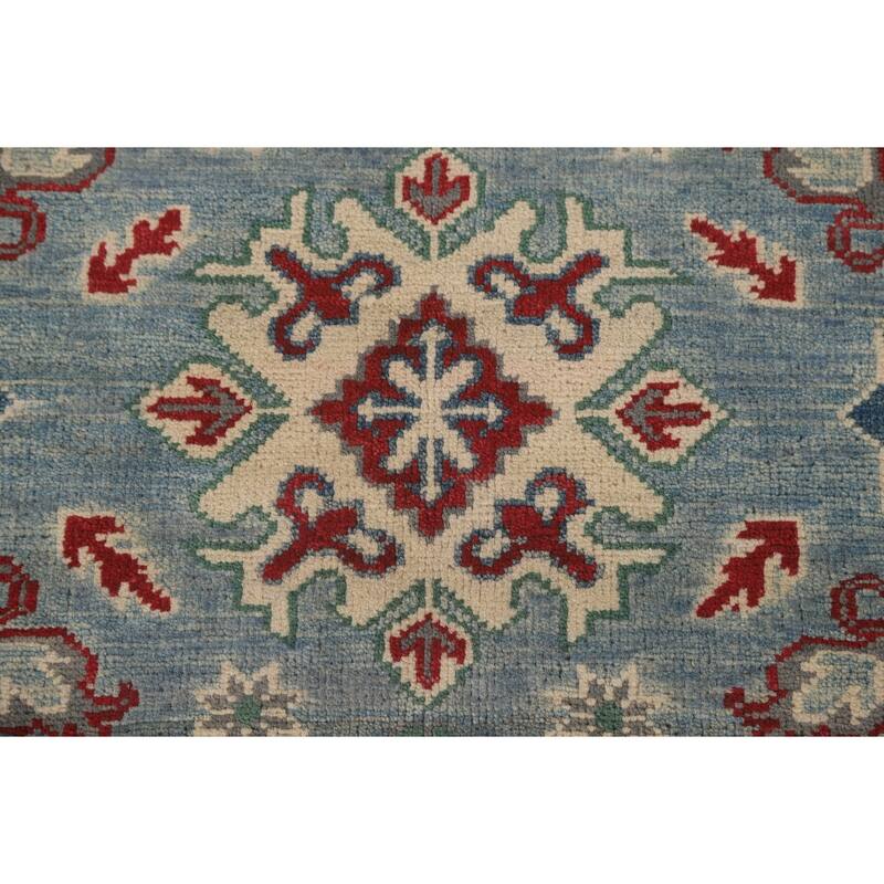 Blue Geometric Kazak Area Rug Hand-Knotted Wool Carpet - 4'11" x 6'4"