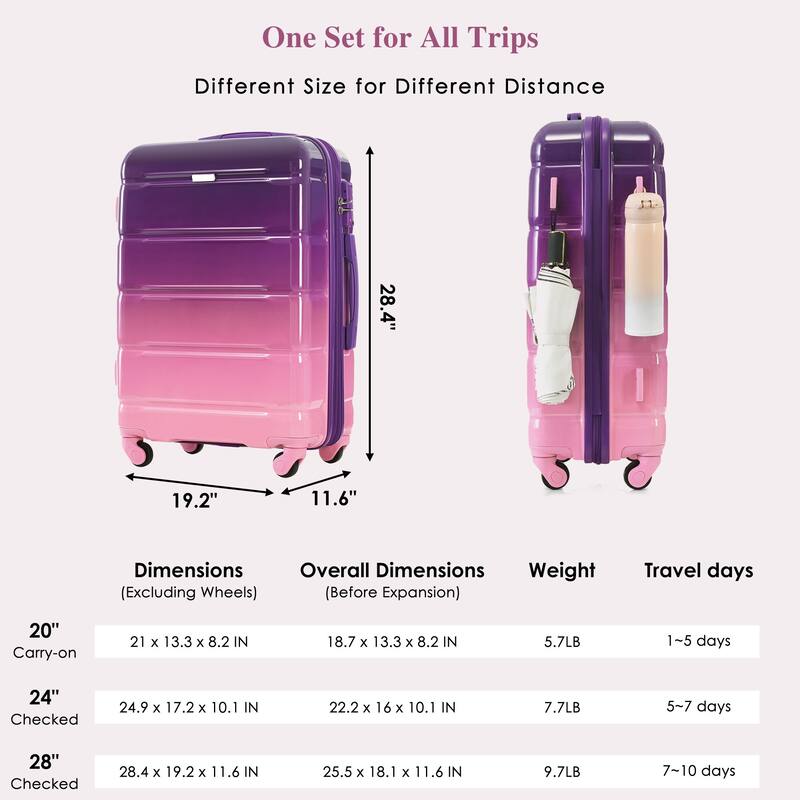 3-Piece, 20-Inch Modern Hard Shell Luggage with USB Port and Spinner Wheels, for Boarding Travel, Purple
