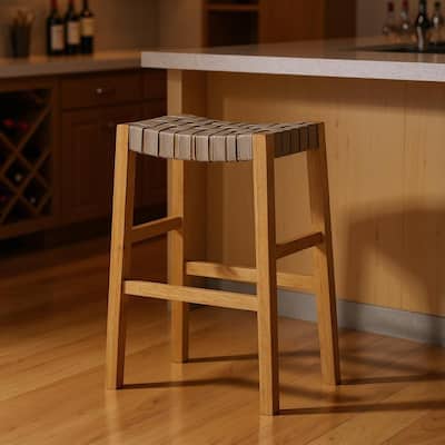 HomeRoots 31" Stone and Natural Faux Leather and Solid Wood Backless Bar Height Bar Chair