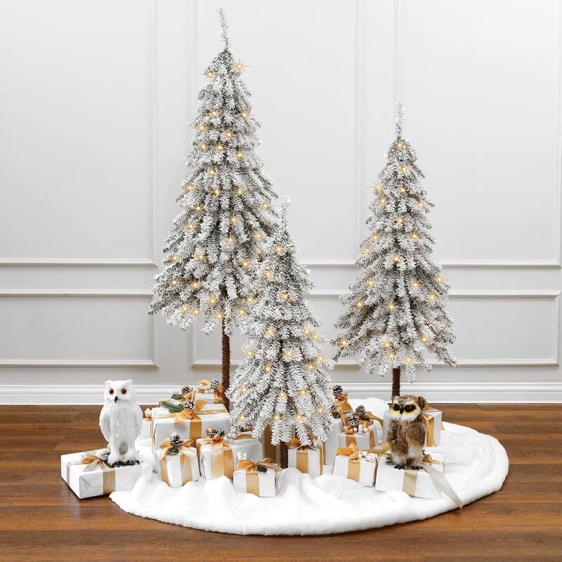3-Piece Snow-Flocked Sweeping Branches Artificial Tree Set with Battery Operated Lights
