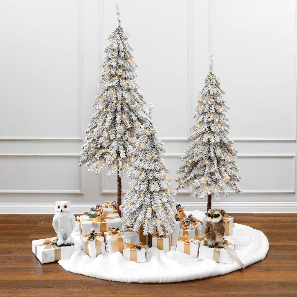 3-Piece Snow-Flocked Sweeping Branches Artificial Tree Set with Battery Operated Lights