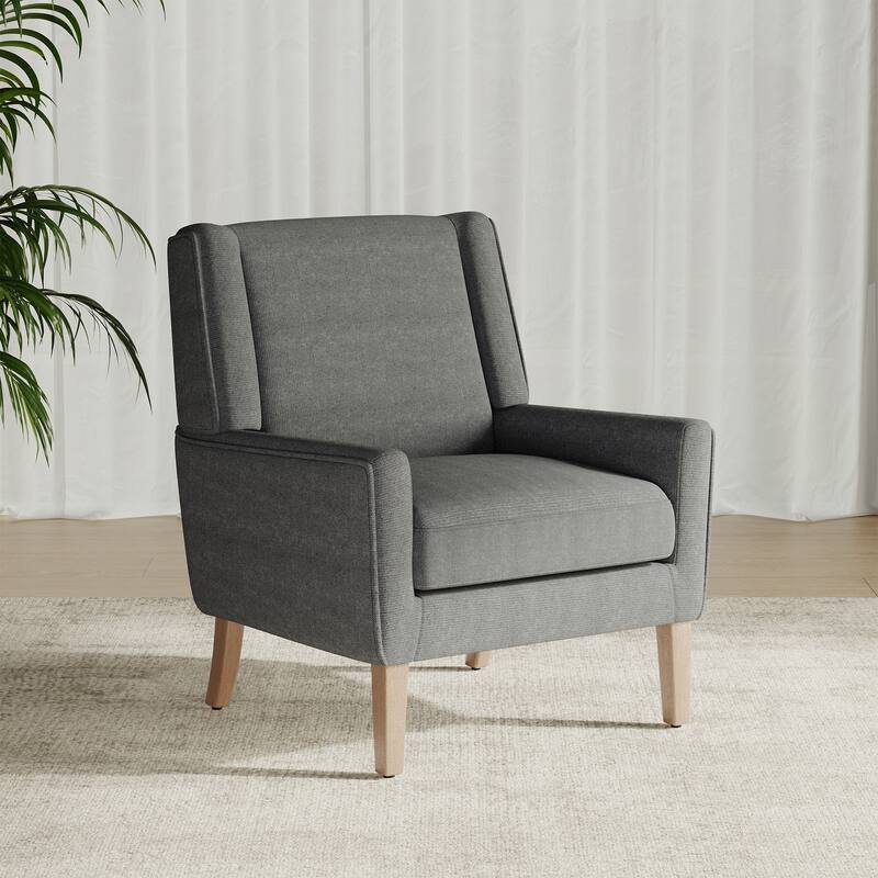 Mid-Century Linen Wing Chair - Tailored Channel Tufting & Walnut Tapered Legs, Compact Accent for Reading Nooks - Single - Grey