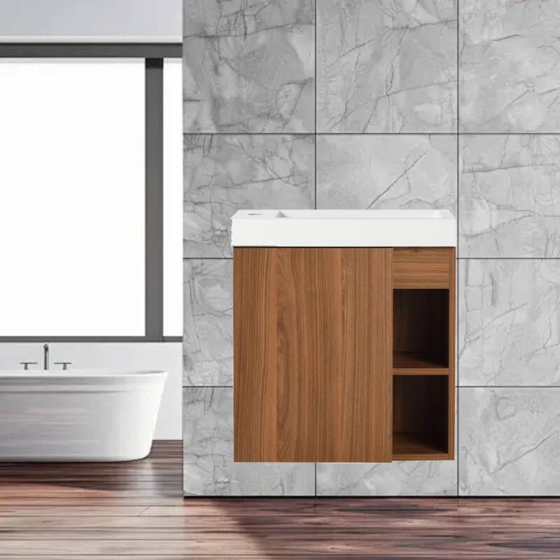 20'' Wall-Mounted Bathroom Vanity with Resin Sink & Soft-Close Door - Compact & Durable Design - Walnut