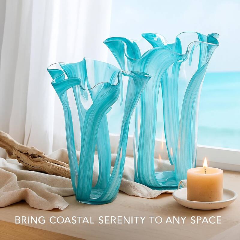 Green Set of 2 Striped Handblown Glass Vases with Broad Rim and Ruffle