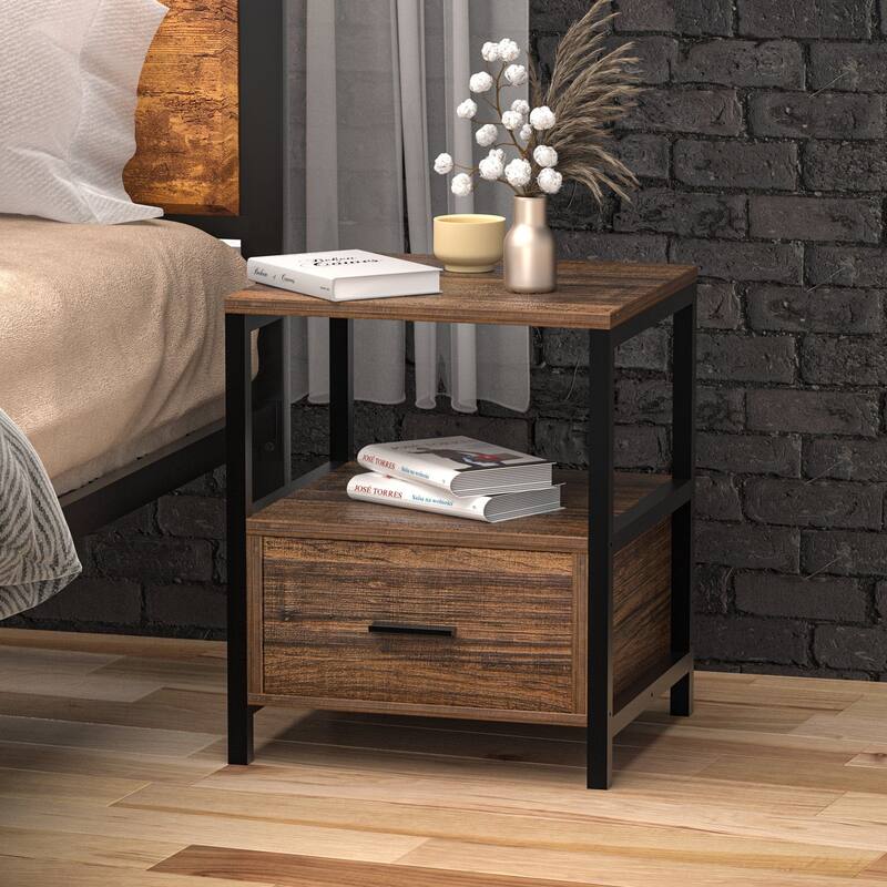 VECELO Nightstand Set of 1/2, Modern Square Side End Table, Living Room, Study Metal Frame