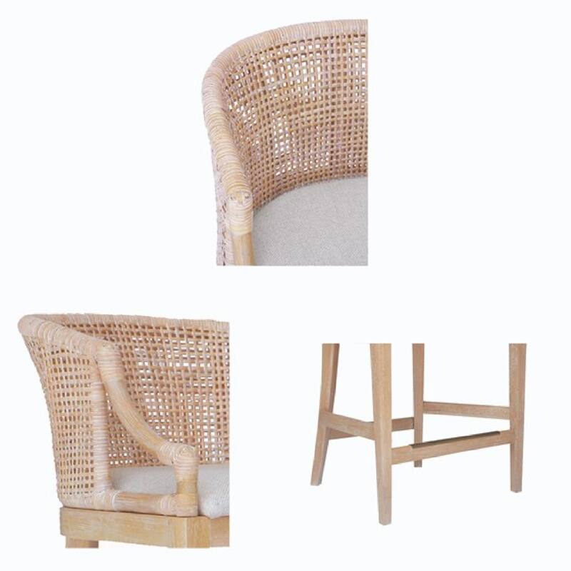 Roomfitters 25-Inch Handcrafted Rattan Counter Stool, Natural Whitewash with Reclaimed Wheat Legs and Bronze Kickplate