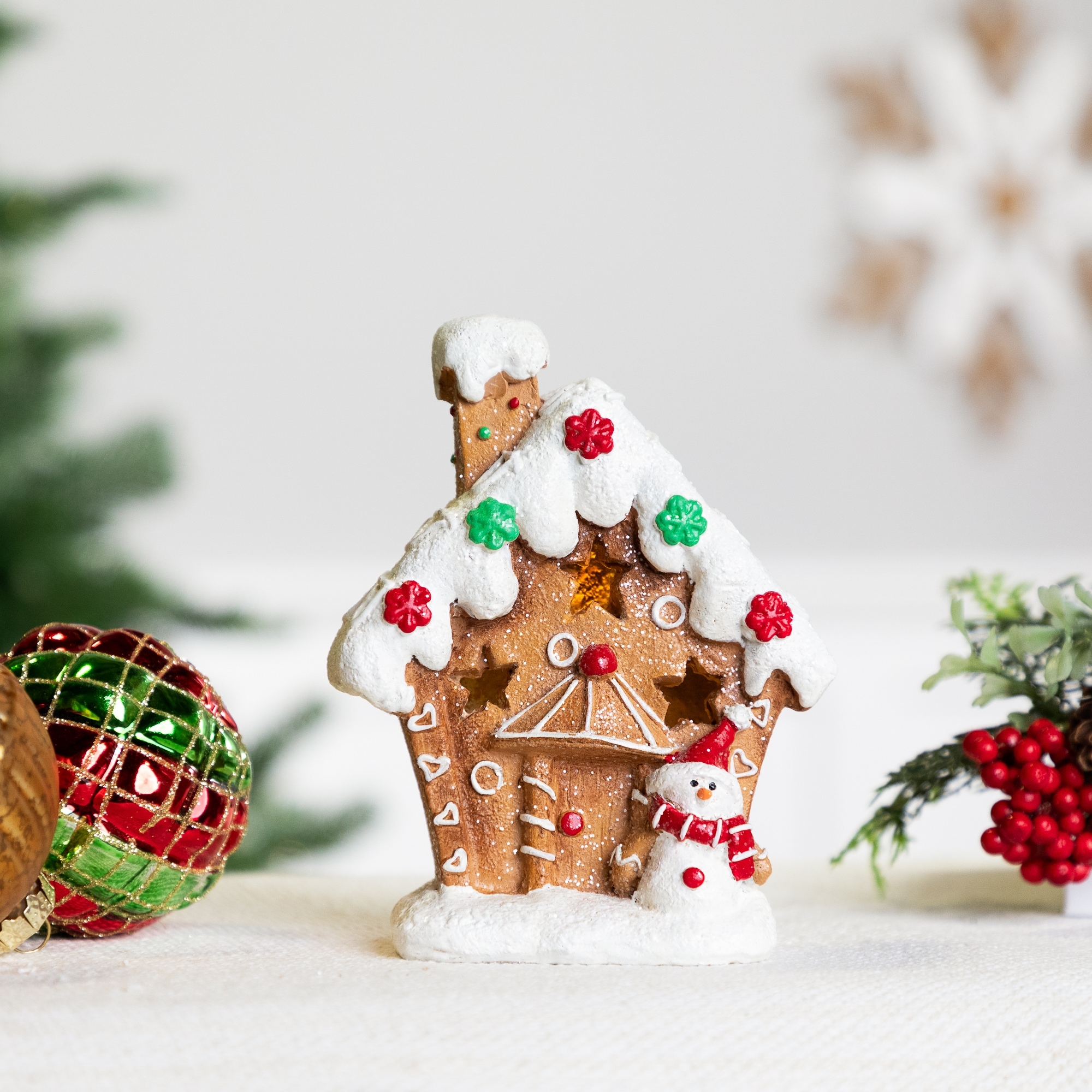 LED Lighted Gingerbread House with Snowman Christmas Decoration - 6"
