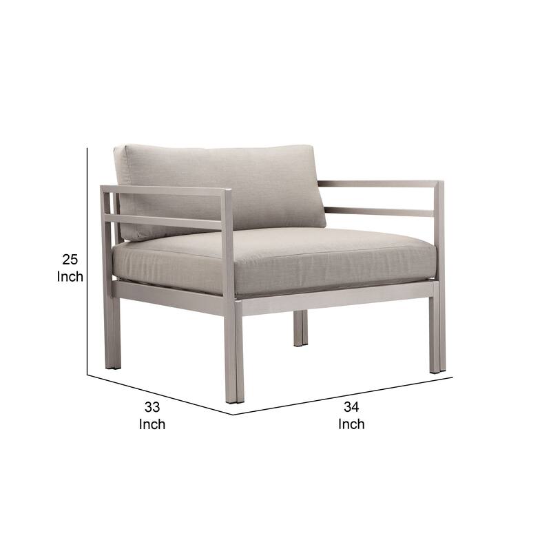 Billy 34 Inch Modern Outdoor Armchair, Gray Aluminum Frame, Fabric Cushions