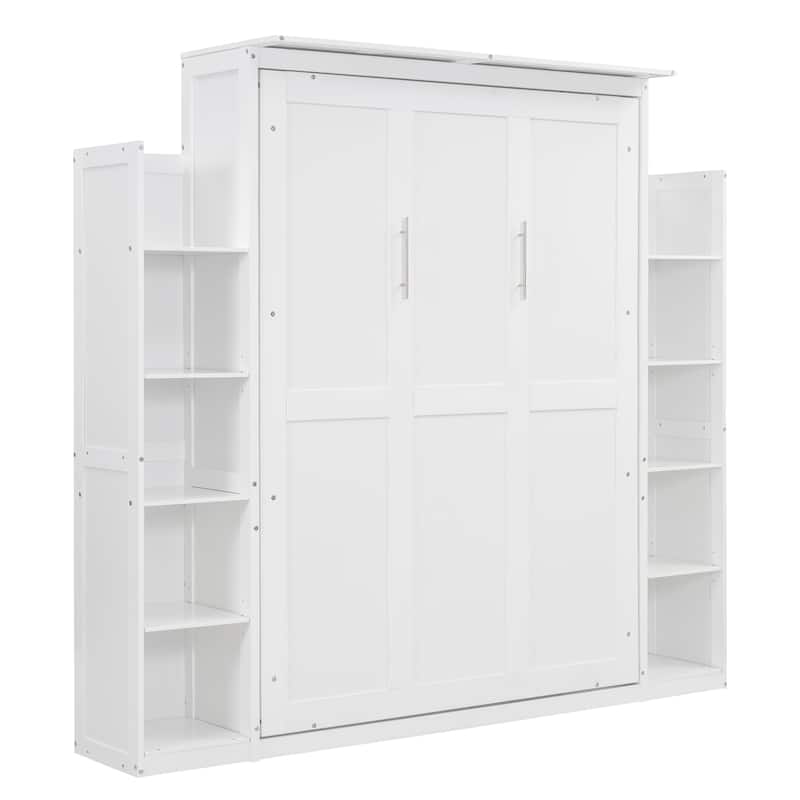 Full Size Murphy Bed Wall Bed with Shelves and LED Lights,Gray