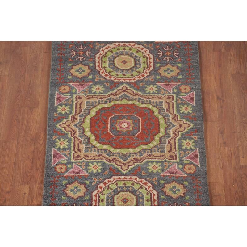 Geometric Grey Kazak Runner Rug Hand-Knotted Wool Carpet - 2'6"x 7'9"