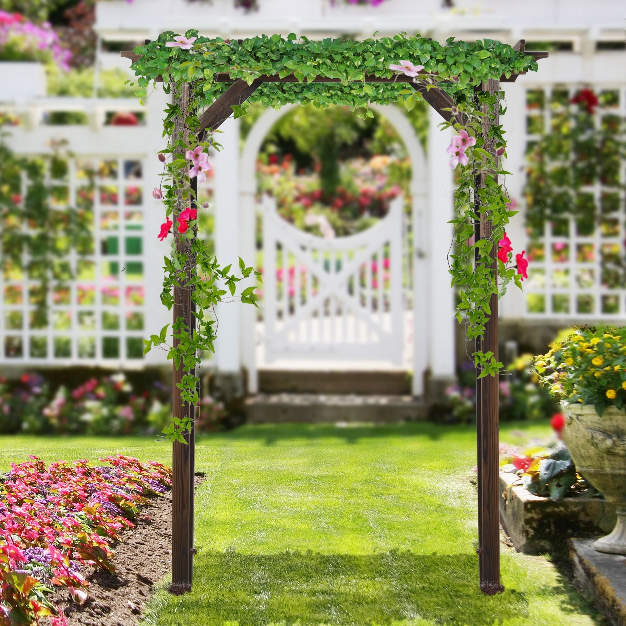Outsunny 7' Wood Steel Outdoor Garden Arched Trellis Arbor with Natural Fir Wood & Side Panel for Climbing Vines