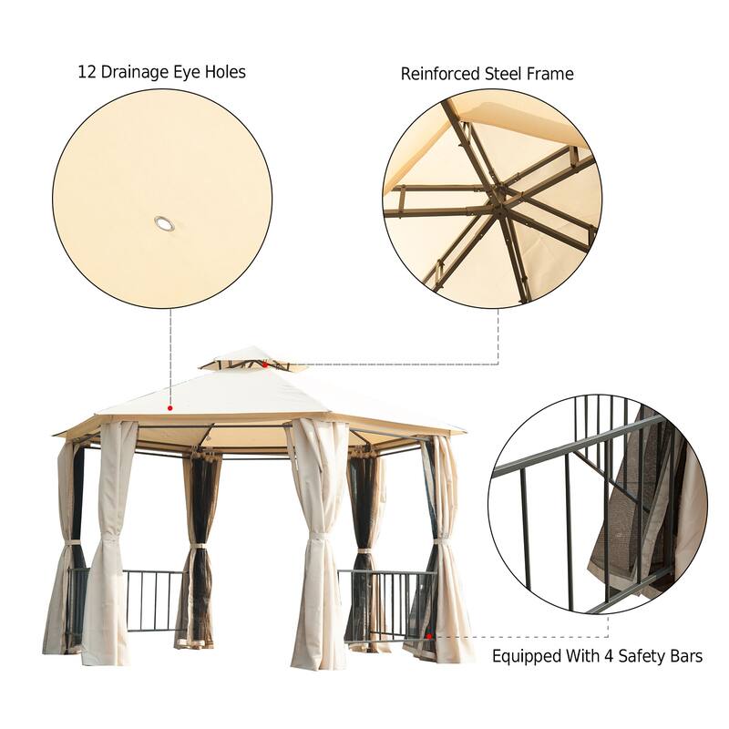 Outsunny 7' x 7' 2-Level Hexagon Outdoor Patio Gazebo Canopy Pavilion with Removable Mesh Curtains, Double Tiered Roof