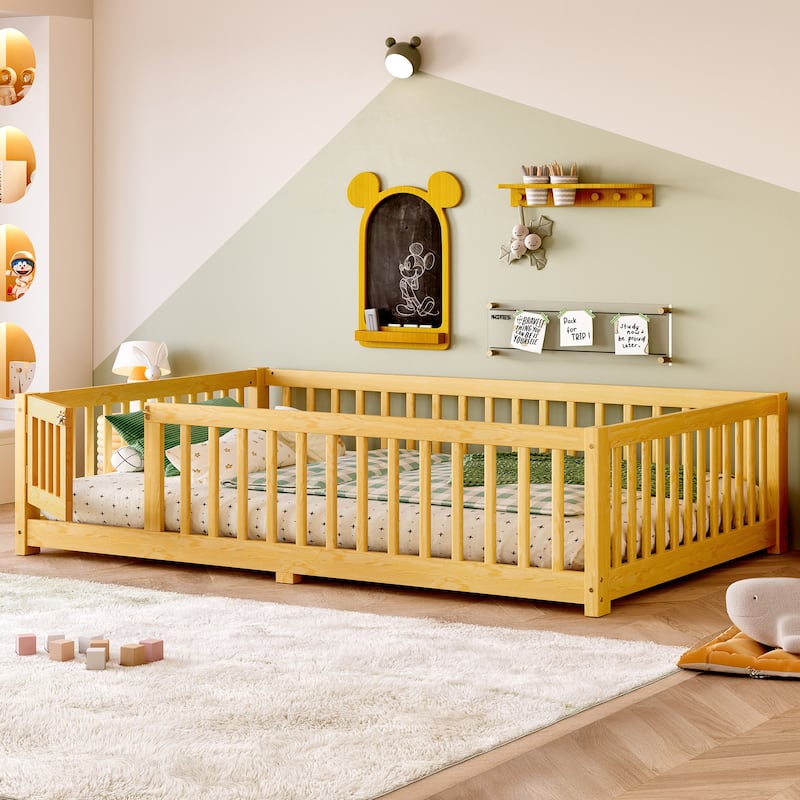 Full Size Bed Floor Bed with Safety Guardrails and Door for Kids