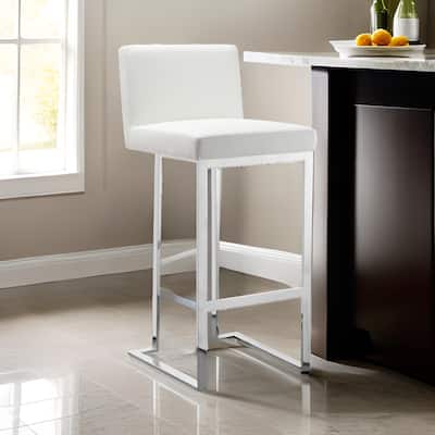 Boly 30 Inch Barstool Chair, White Faux Leather, Cushions, Chrome Steel