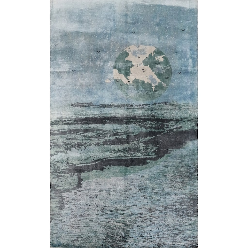 Hand Knotted Oriental Viscose Silk Carpet Modern Pictorial Multi-Colored Abstract Area Rug - 7' 10'' X 5' 1''