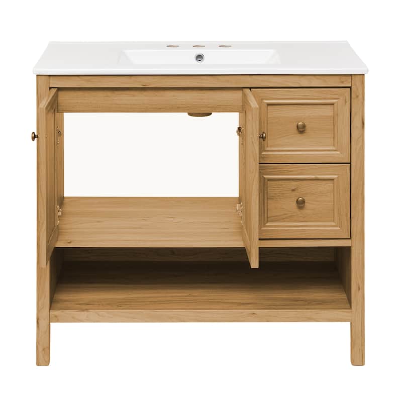 Chteau 36 In. Brown Oak Bathroom Vanity With White, 3-Hole Ceramic Sink Top