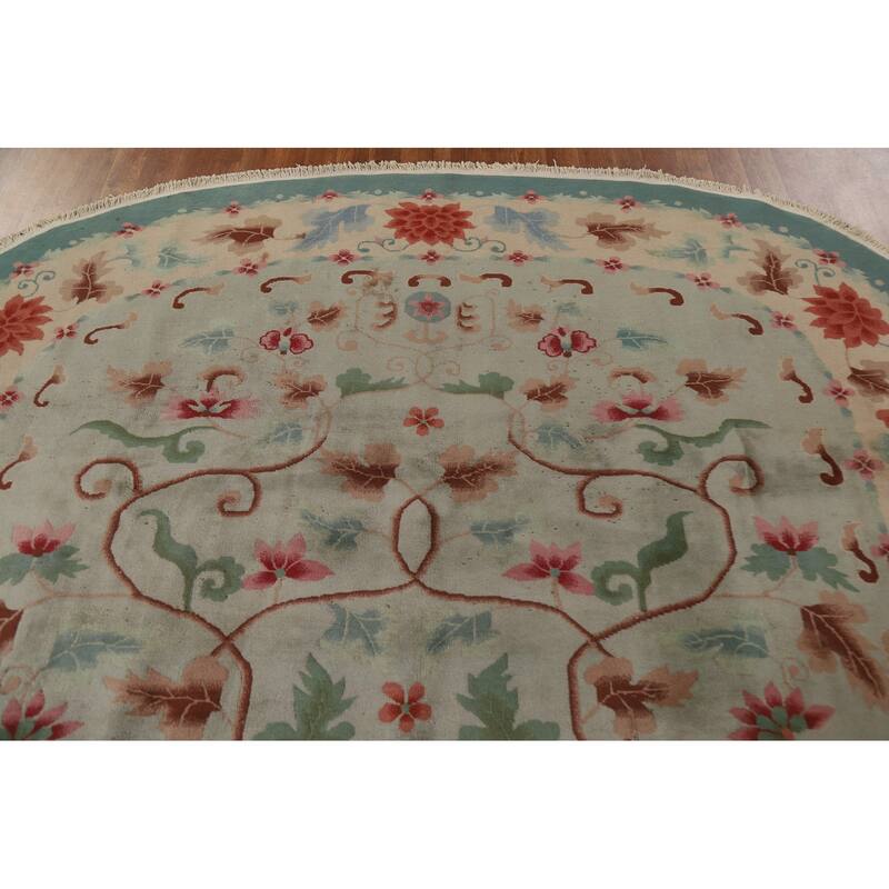Hand Knotted Oriental 100% Wool Carpet Traditional Floral Green Art Deco Area Rug - 9' 8'' X 7' 11''