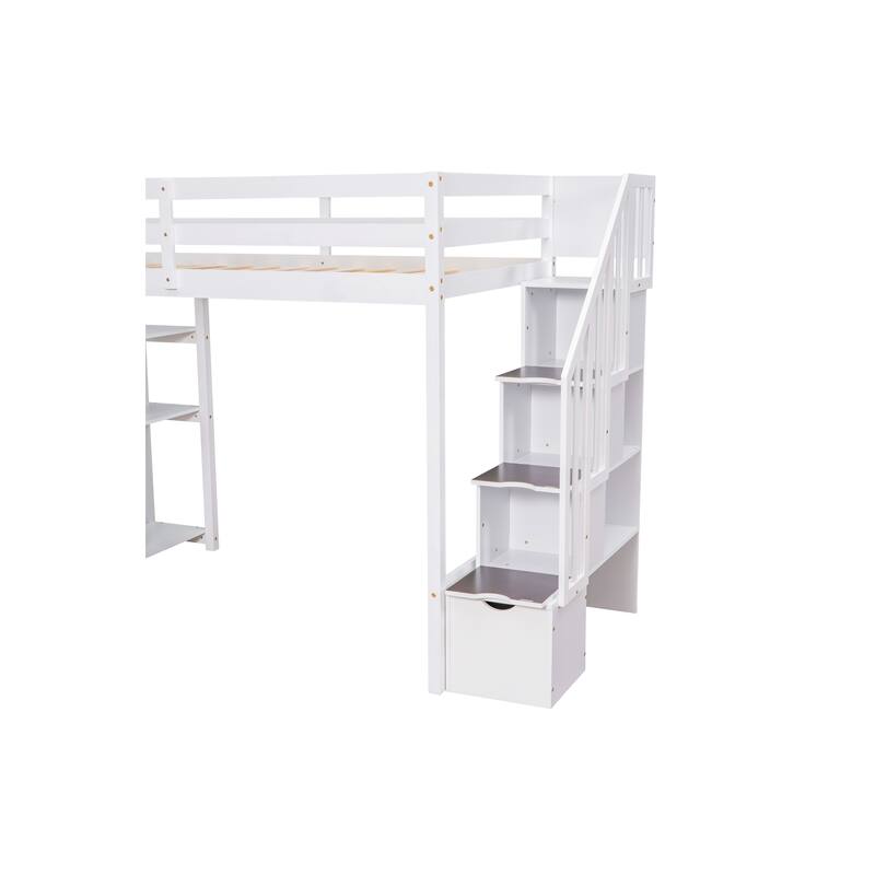 Twin-Size Loft Bed with 4 Drawers and Storage Stairs, Solid Wood Twin High Loftbed Bedframe with Shelves for Kids Teens/Bedroom