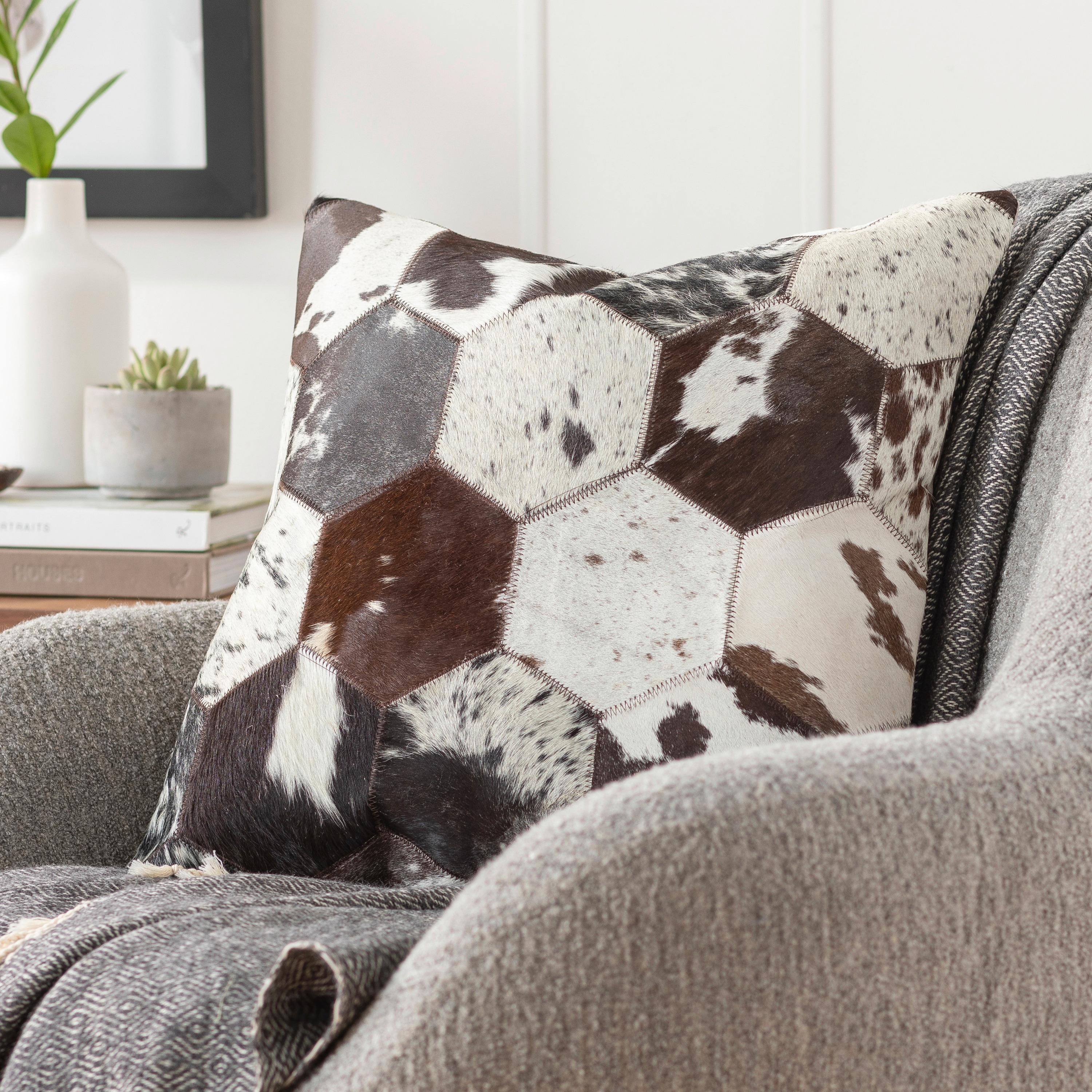Hendrix Hexagon Mixed Hair on Hide Throw Pillow