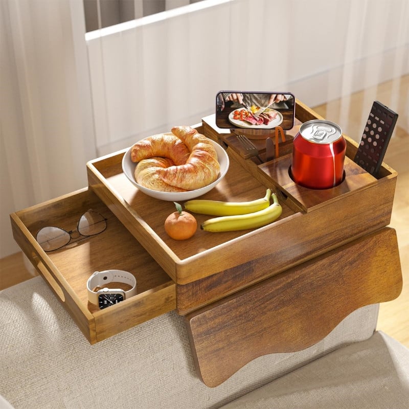 Couch Cup Holder Tray - 13.9"L x 9.8"W x 3"H - Brown