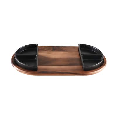 Charcuterie/ Serving Tray w/ 4 black triangular ceramic bowls ]