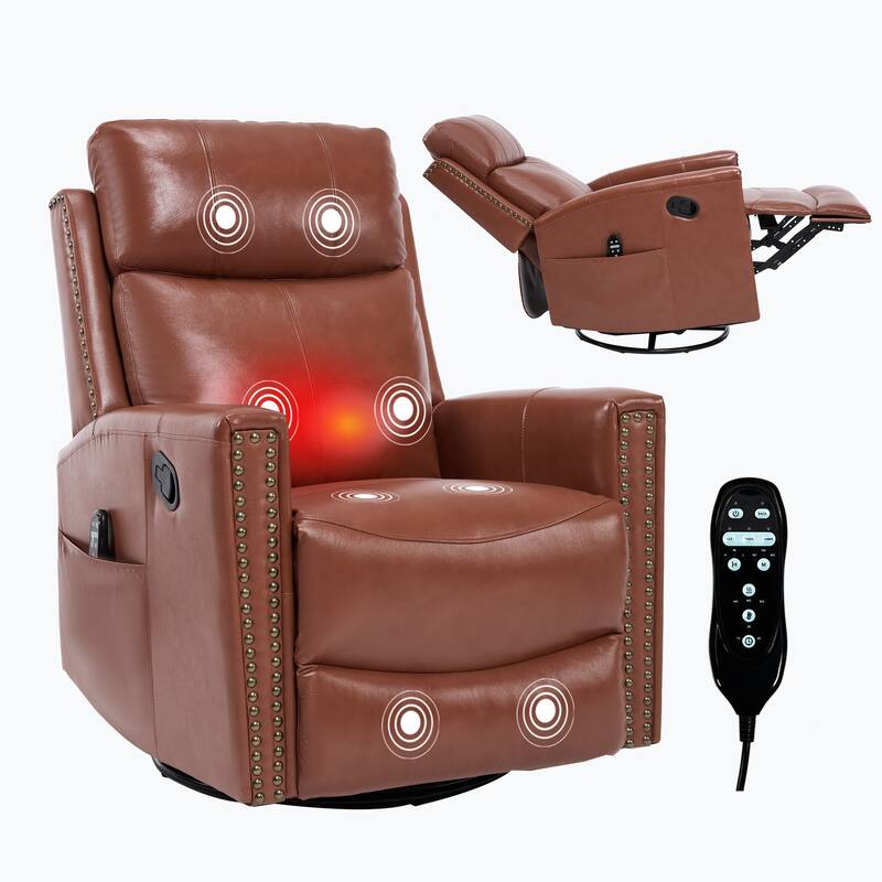 Roomfitters Genuine Leather Swivel Rocker Recliner, Manual Massage Glider with Heat and Top Grain Cowhide, Living Room