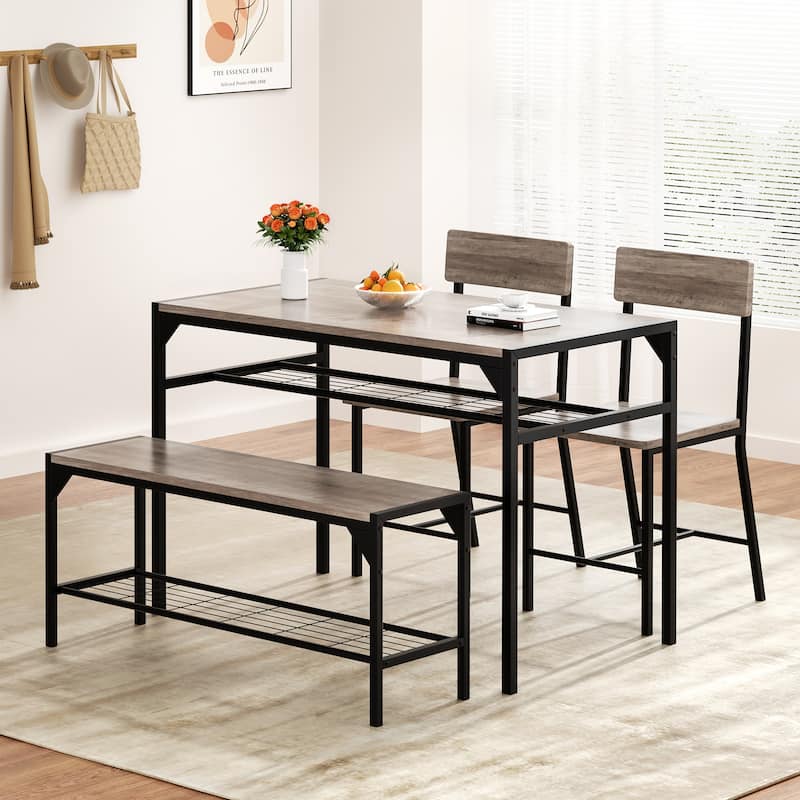 4-Piece Dining Set with Bench & Chairs - Space-Saving Table Set for Kitchen, Breakfast Nook - Grey