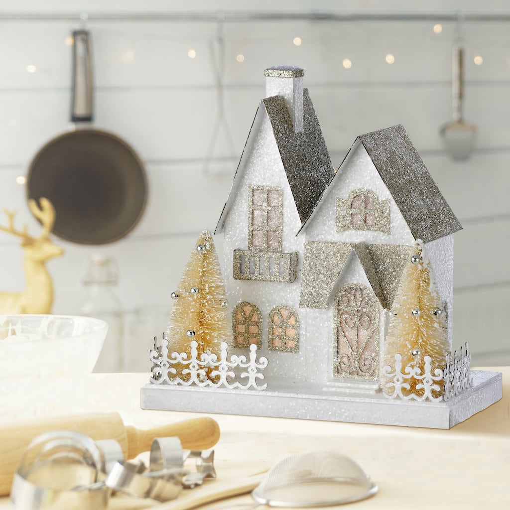9" Led Battery Operated Timer Cardboard Snowy Lane House