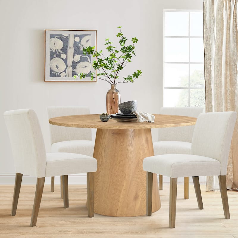 5-Piece Round Dining Set with Pedestal Table and Upholstered Chairs - Cream