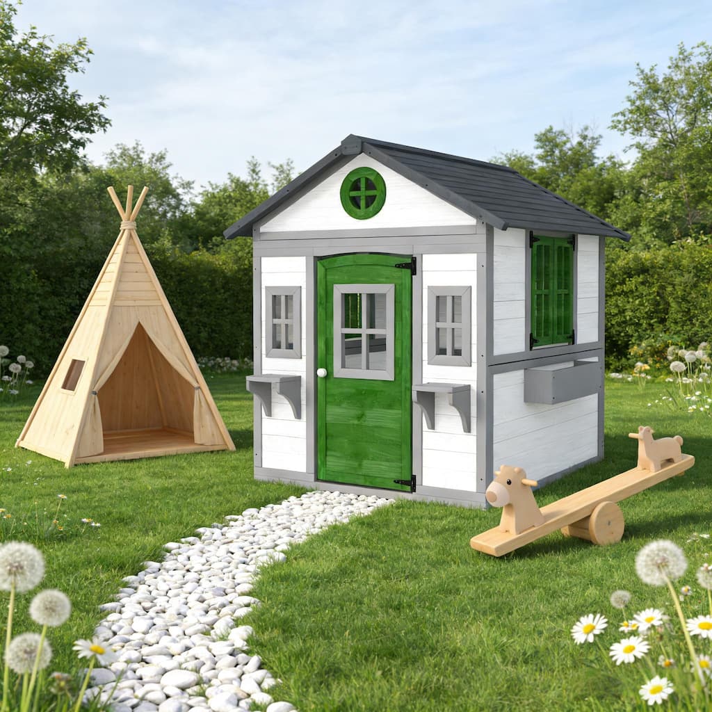 GDFStudio - Outdoor Educational Wooden Kids Playhouse Cottage with Planter Boxes, for 3-8 Age Kids