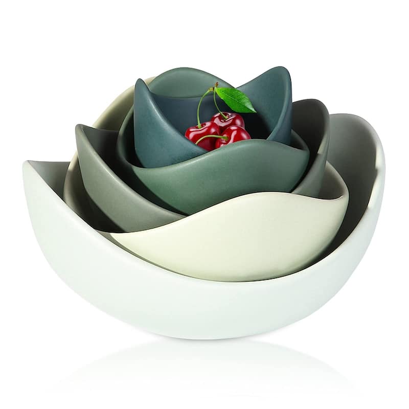 Salad Bowls, 5 Packs Serving Bowls,Lotus Shaped Pasta Bowls, Dishwasher & Microwave Safe, Unique Angled Ceramic Bowls for - Green