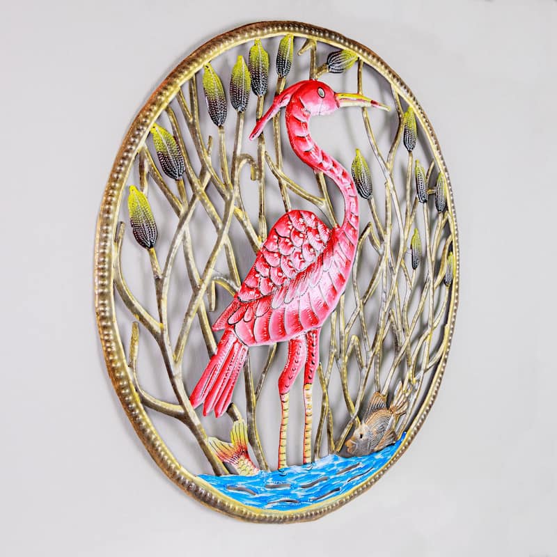 Flamingo in Reeds Haitian Steel Drum Wall Art