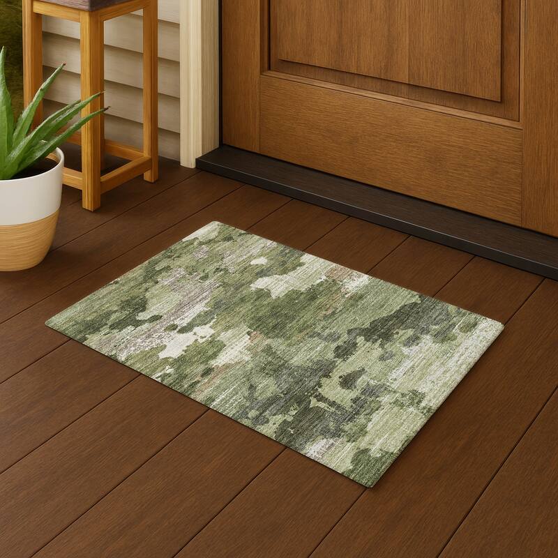 Machine Washable Indoor/ Outdoor Abstract Casual Chantille Rug - Olive - 1'8" x 2'6"