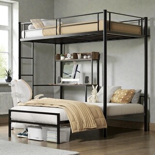 Full Over Twin Metal Bunk Bed with Desk, Shelves, Guardrails and ...
