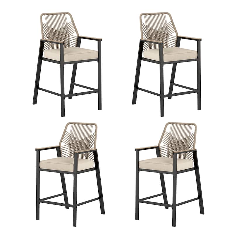 MAISON ARTS Modern Twill Wicker Woven Outdoor Bar Stool Chair Set, Counter Height Stool with Back and Cushion