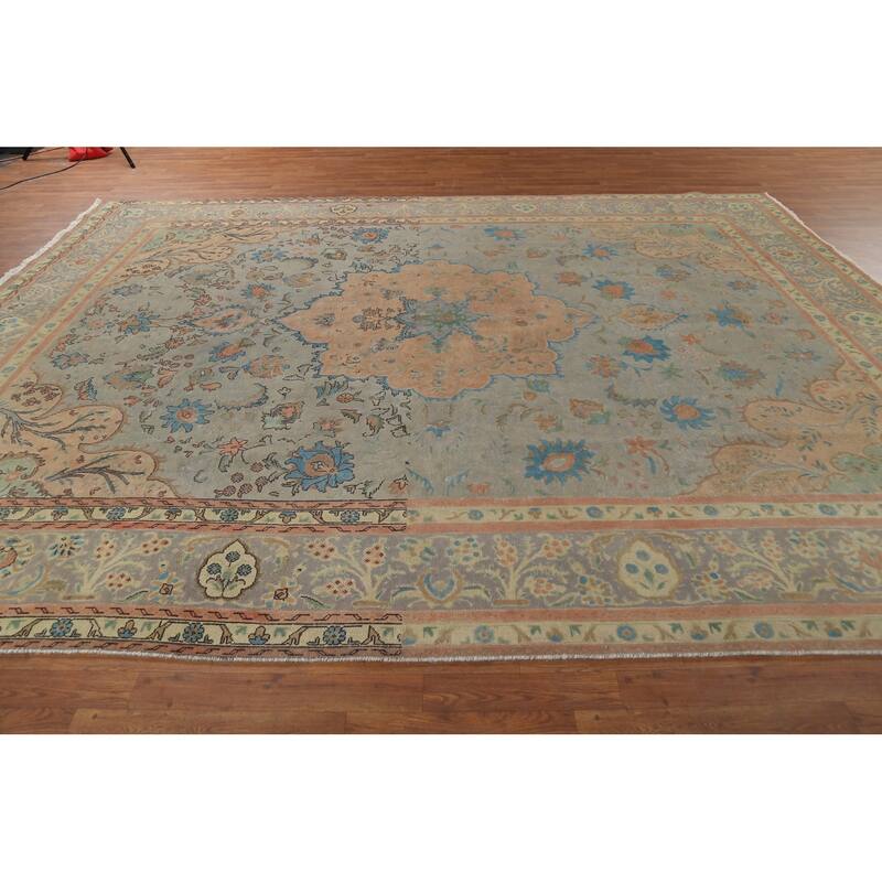 Floral Green Tabriz Persian Vintage Area Rug Hand-Knotted Wool Carpet - 9'7"x 12'11"