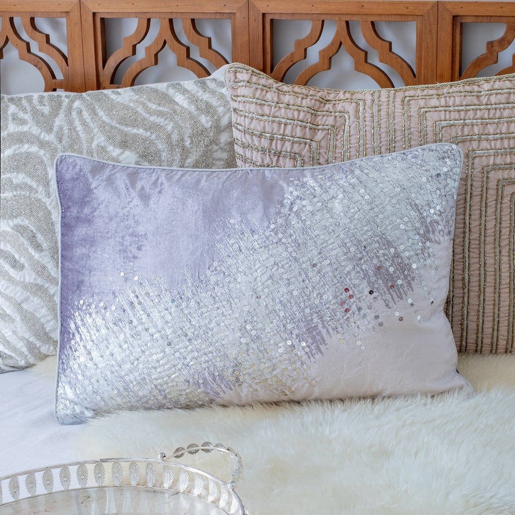 Handwoven Abstract Sequined Outdoor Lumbar Pillow Cover - 24" - Purple and Silver