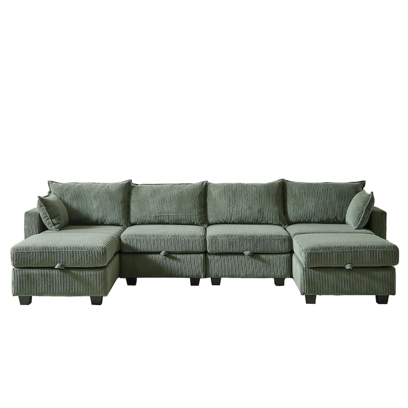 113.5" Corduroy U-Shaped Sectional Sofa with Ottoman