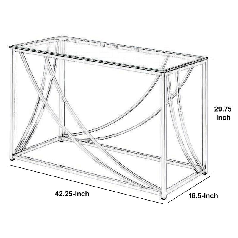 Glass Top Rectangular Sofa Table with Swooping Curves, Clear and Silver