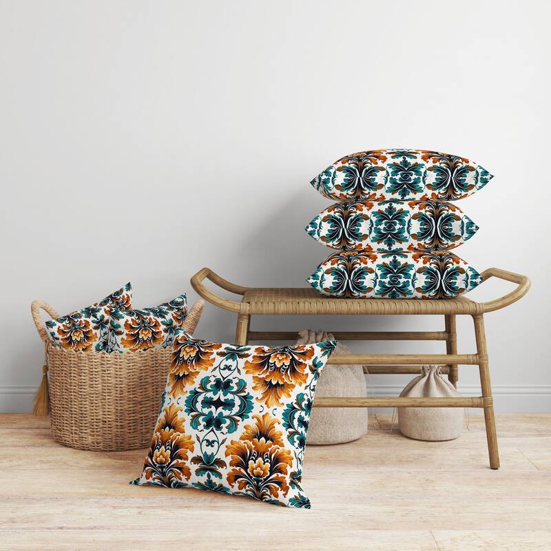 Turquoise And Orange Damask Rapture Faux Suede Throw Pillow Zipper