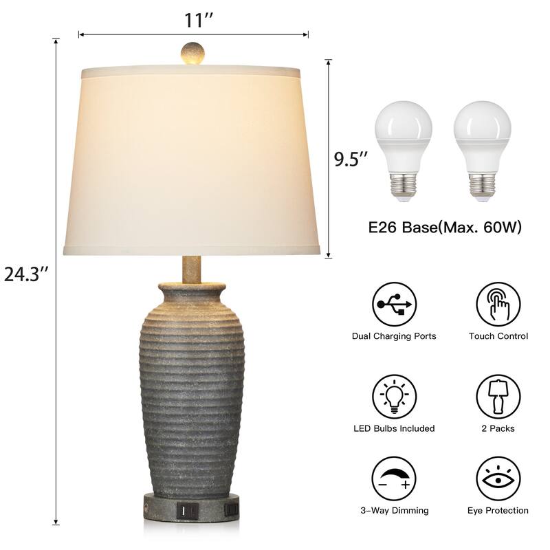 Grey Resin Pot-Vase Style Table Lamps (Set of 2) - 13'' x 13'' x 24.3'' (L x W x H)
